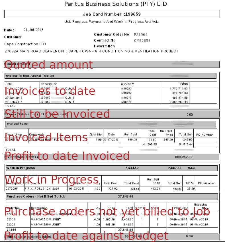 Job Card Progress Costing Report segments the various financial sections of a Job Card into Quoted Amount, Invoices to Date, Invoiced Items, Profit To Date (Invoiced), Work In Progress, Purchase Orders Not Yet Issued/Billed To Job, Profit Against Budget